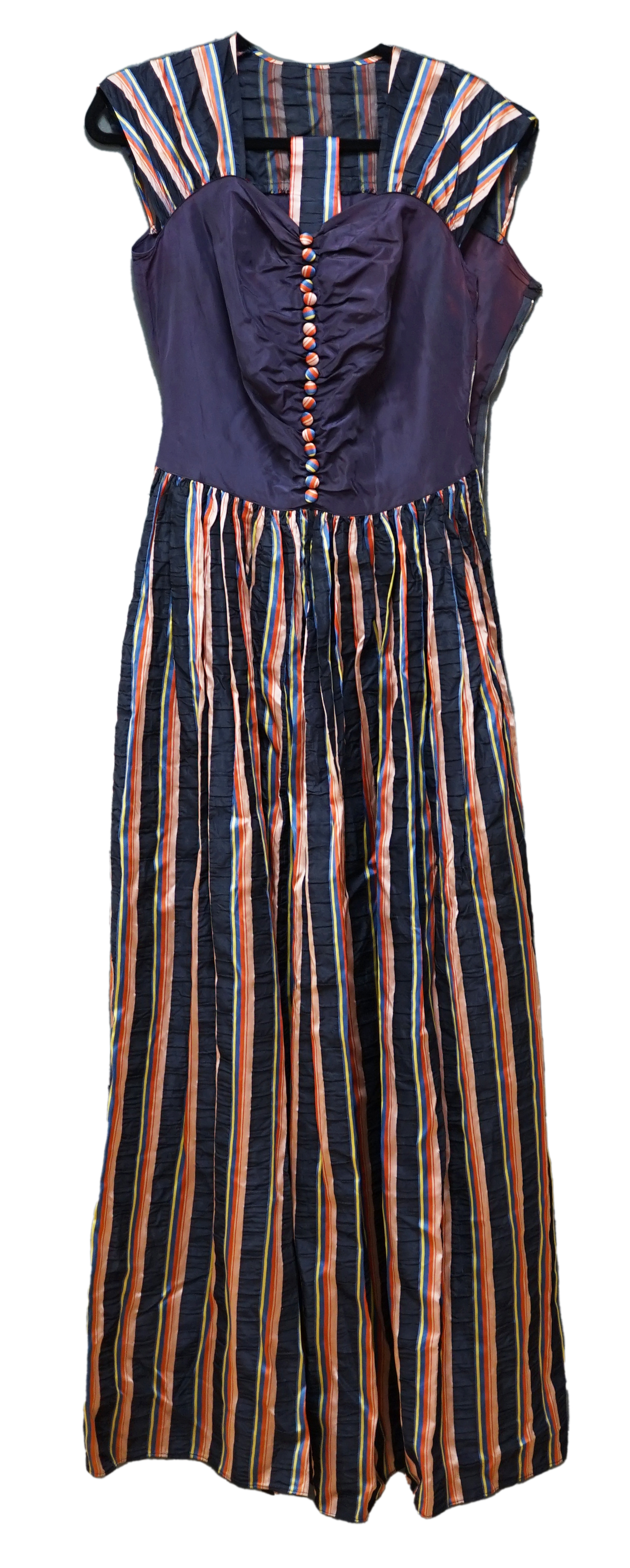 A 1940’s multi coloured striped silk and taffeta evening dress, designed with a blue taffeta bodice and colourful stripe gathered skirt, belt and back strapped yoke and matching buttons, 43cm front chest arm to arm. Cond